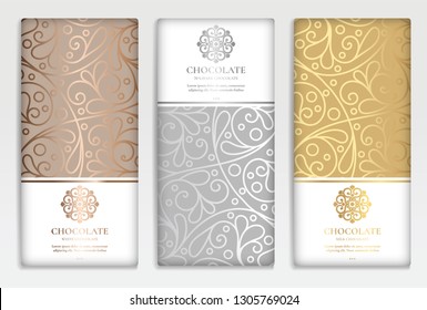 Luxury packaging design of chocolate bars. Vintage vector ornament template. Elegant, classic elements. Great for food, drink and other package types. Can be used for background and wallpaper.