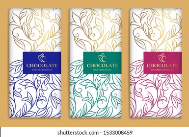 Diseño de embalaje de lujo de barras de chocolate. Plantilla de ornamento vectorial vintage. Elementos elegantes y clásicos. Ideal para comidas, bebidas y otros tipos de paquetes. Se puede utilizar para fondo y papel tapiz.