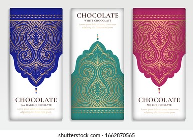 Luxury packaging design of chocolate bars. Vintage vector ornament template. Elegant, classic elements. Great for food, drink and other package types. Can be used for background and wallpaper.