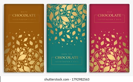 Design de embalagem de luxo de barras de chocolate. Modelo de ornamento de vetor vintage. Elementos elegantes e clássicos. Ótimo para alimentos, bebidas e outros tipos de embalagem. Pode ser usado para fundo e papel de parede.