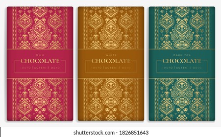 Diseño de embalaje de lujo de barras de chocolate. Plantilla de ornamento vectorial vintage. Elementos elegantes y clásicos. Ideal para comidas, bebidas y otros tipos de paquetes. Se puede usar para fondo y fondo de pantalla.