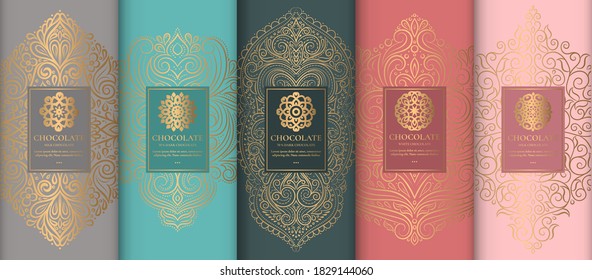 Luxury packaging design of chocolate bars. Vintage vector ornament template. Elegant, classic elements. Great for food, drink and other package types. Can be used for background and wallpaper.