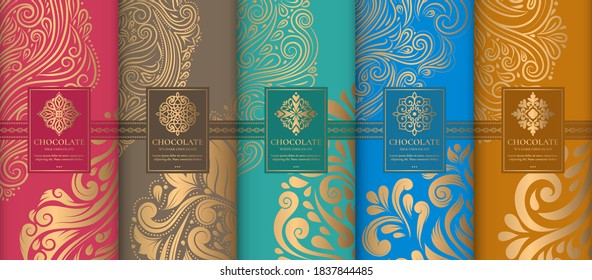 Luxury packaging design of chocolate bars. Vintage vector ornament template. Elegant, classic elements. Great for food, drink and other package types. Can be used for background and wallpaper.