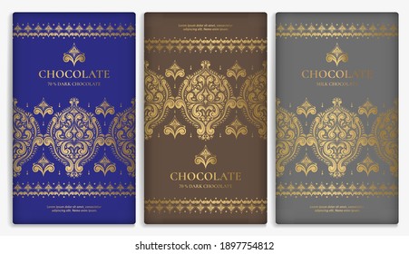 Luxury packaging design of chocolate bars. Vintage vector ornament template. Elegant, classic elements. Great for food, drink and other package types. Can be used for background and wallpaper.