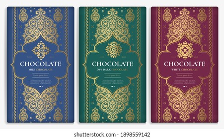 Luxury packaging design of chocolate bars. Vintage vector ornament template. Elegant, classic elements. Great for food, drink and other package types. Can be used for background and wallpaper.