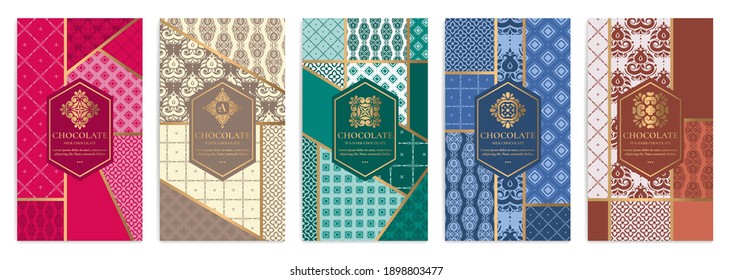 Diseño de embalaje de lujo de barras de chocolate. Plantilla de ornamento vectorial vintage. Elementos elegantes y clásicos. Ideal para comidas, bebidas y otros tipos de paquetes. Se puede usar para fondo y fondo de pantalla.