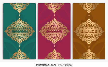 Luxury packaging design of chocolate bars. Vintage vector ornament template. Elegant, classic elements. Great for food, drink and other package types. Can be used for background and wallpaper.