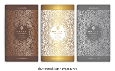 Luxury packaging design of chocolate bars. Vintage vector ornament template. Elegant, classic elements. Great for food, drink and other package types. Can be used for background and wallpaper.