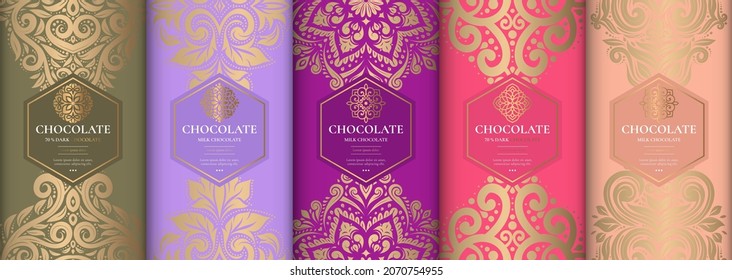 Diseño de embalaje de lujo de barras de chocolate. Plantilla de ornamento vectorial vintage. Elementos elegantes y clásicos. Ideal para comidas, bebidas y otros paquetes. Se puede usar para fondo y fondo de pantalla.