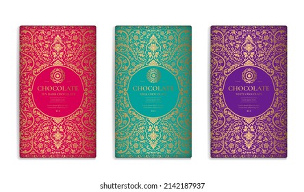 Diseño de embalaje de lujo de barras de chocolate. Plantilla de ornamento vectorial vintage. Elementos elegantes y clásicos. Ideal para comidas, bebidas y otros paquetes. Se puede usar para fondo y fondo de pantalla.