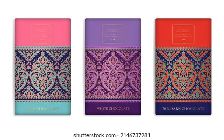 Luxury packaging design of chocolate bars. Vintage vector ornament template. Elegant, classic elements. Great for food, drink and other package types. Can be used for background and wallpaper.