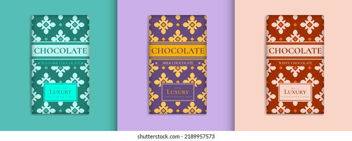 Diseño de embalaje de lujo de barras de chocolate. Plantilla de ornamento vectorial vintage. Elementos elegantes y clásicos. Ideal para comidas, bebidas y otros paquetes. Se puede usar para fondo y fondo de pantalla.