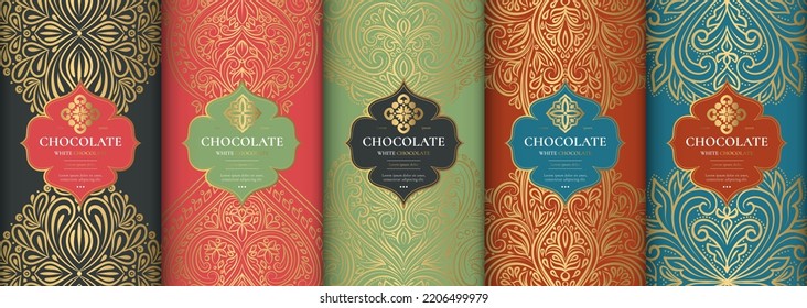 Diseño de embalaje de lujo de barras de chocolate. Plantilla de ornamento vectorial vintage. Elementos elegantes y clásicos. Ideal para comidas, bebidas y otros paquetes. Se puede usar para fondo y fondo de pantalla.