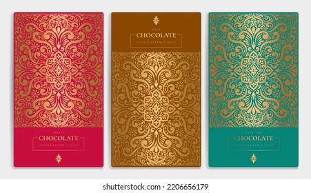 Diseño de embalaje de lujo de barras de chocolate. Plantilla de ornamento vectorial vintage. Elementos elegantes y clásicos. Ideal para comidas, bebidas y otros paquetes. Se puede usar para fondo y fondo de pantalla.