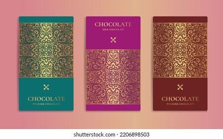 Luxury packaging design of chocolate bars. Vintage vector ornament template. Elegant, classic elements. Great for food, drink and other package types. Can be used for background and wallpaper.