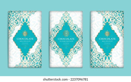 Diseño de embalaje de lujo de barras de chocolate. Plantilla de ornamento vectorial vintage. Elementos elegantes y clásicos. Ideal para comidas, bebidas y otros paquetes. Se puede usar para fondo y fondo de pantalla.