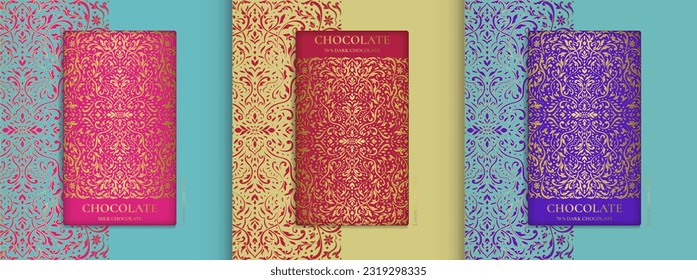 Luxury packaging design of chocolate bars. Vintage vector ornament template. Elegant, classic elements. Great for food, drink and other package types. Can be used for background and wallpaper.