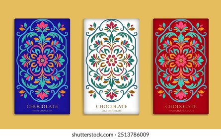 Design de embalagem de luxo de barras de chocolate. Modelo de ornamento de vetor vintage. Elementos elegantes e clássicos. Ótimo para alimentos, bebidas e outros tipos de embalagens. Pode ser usado para fundo e papel de parede.