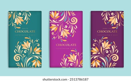 Design de embalagem de luxo de barras de chocolate. Modelo de ornamento de vetor vintage. Elementos elegantes e clássicos. Ótimo para alimentos, bebidas e outros tipos de embalagens. Pode ser usado para fundo e papel de parede.