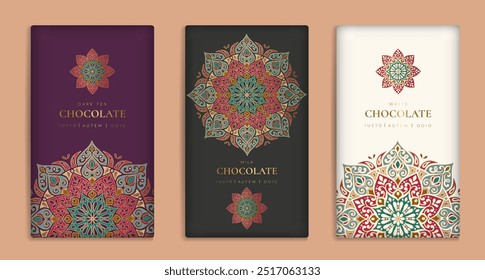 Design de embalagem de luxo de barras de chocolate. Modelo de ornamento de vetor vintage. Elementos elegantes e clássicos. Ótimo para alimentos, bebidas e outros tipos de embalagens. Pode ser usado para fundo e papel de parede.