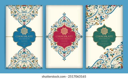 Design de embalagem de luxo de barras de chocolate. Modelo de ornamento de vetor vintage. Elementos elegantes e clássicos. Ótimo para alimentos, bebidas e outros tipos de embalagens. Pode ser usado para fundo e papel de parede.