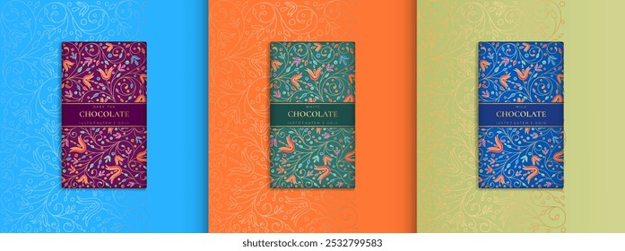 Design de embalagem de luxo de barras de chocolate. Modelo de ornamento de vetor vintage. Elementos elegantes e clássicos. Ótimo para alimentos, bebidas e outros tipos de embalagens. Pode ser usado para fundo e papel de parede.