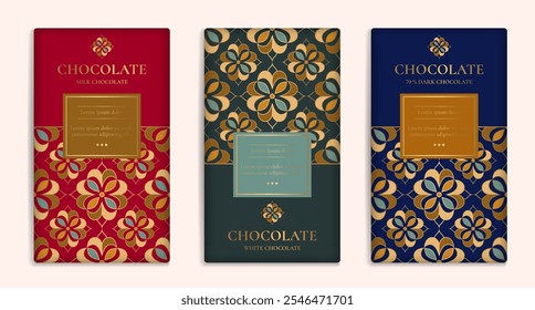 Design de embalagem de luxo de barras de chocolate. Modelo de ornamento de vetor vintage. Elementos elegantes e clássicos. Ótimo para alimentos, bebidas e outros tipos de embalagens. Pode ser usado para fundo e papel de parede.