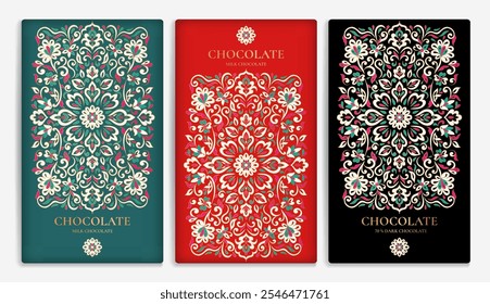 Design de embalagem de luxo de barras de chocolate. Modelo de ornamento de vetor vintage. Elementos elegantes e clássicos. Ótimo para alimentos, bebidas e outros tipos de embalagens. Pode ser usado para fundo e papel de parede.