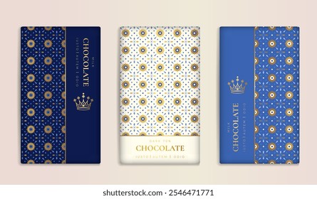 Design de embalagem de luxo de barras de chocolate. Modelo de ornamento de vetor vintage. Elementos elegantes e clássicos. Ótimo para alimentos, bebidas e outros tipos de embalagens. Pode ser usado para fundo e papel de parede.