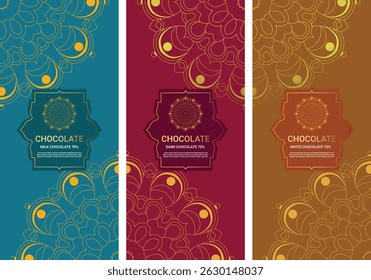Diseño de embalaje de lujo de barras de chocolate. Plantilla de adorno de Vector de Antiguas. Conjunto de diseño de maqueta de empaquetado de barra de chocolate.