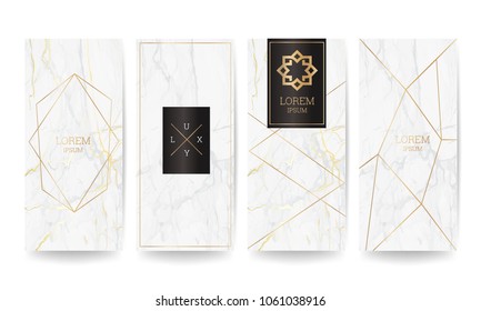 Luxury packaging design cover with gold marble texture and geometric shape pattern vector
