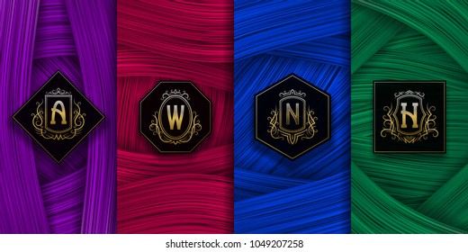 Luxury Packaging Design With Golden Monograms Logos. Set Of Colored Labels Templates For Trendy Goods.