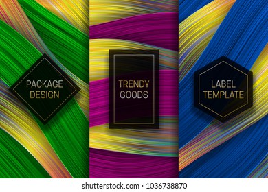 Luxury packaging design. Set of colorful labels templates for trendy goods. Holographic backgrounds with beautiful golden black frames.