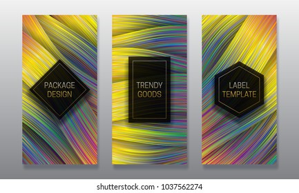 Luxury packaging design. Set of colorful labels templates for trendy goods. Holographic backgrounds with volumetric black frames.