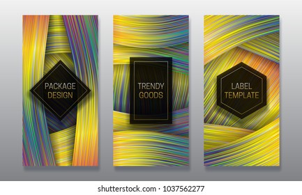 Luxury packaging design. Set of colorful labels templates for trendy goods. Holographic backgrounds with volumetric black frames.
