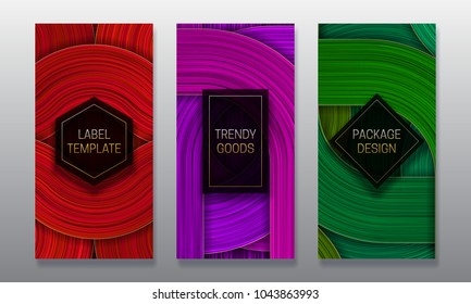 Luxury packaging design. Set of colorful labels templates for trendy goods. Colored backgrounds with beautiful golden black frames.