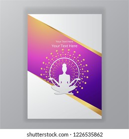 Luxury page template, woman meditate, yoga pose.Concept for spa, featured background. Neon colors and golden rounds, paper crafted woman silhouette , for web and print vector illustration, 