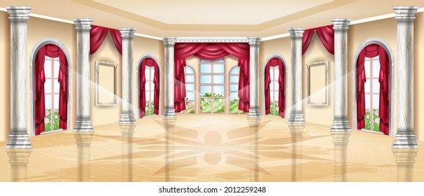 Luxury palace interior, vector royal ballroom background, classic wedding banquet hall, marble column. Fairy tale indoor illustration, arch window, stone pillar, glass floor, curtain. Palace interior