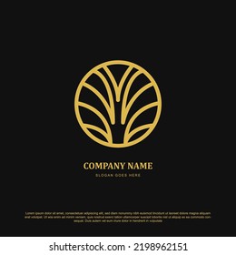 Luxury palm leaf logo design. Golden outline palm leaf emblem