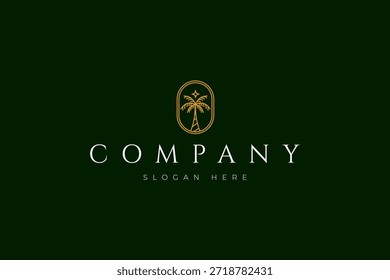 Logotipo de lujo de la palmera con color dorado elegante en estilo de diseño de arte de línea