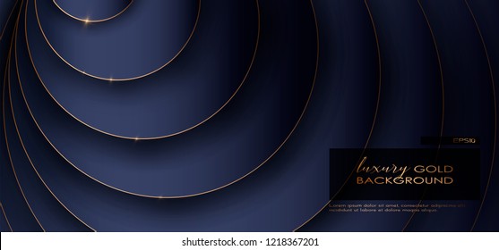 Fondo de corte de papel de lujo, Decoración abstracta, patrón dorado, gradientes de medio tono, ilustración 3d Vector. Plantilla de cubierta azul y negra, formas geométricas, banner mínimo moderno.