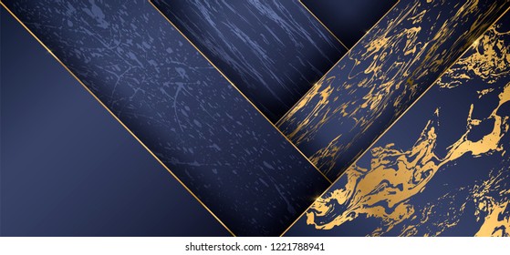 Fundo de corte de papel de luxo, decoração abstrata, padrão dourado, gradientes de meio-tom, ilustração vetorial 3d. Modelo de capa preto e azul, formas geométricas, banner mínimo moderno.