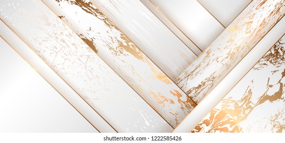 Pieza de lujo cortada fondo, Decoración de mármol abstracto, motivos dorados, gradientes de semitonos, ilustración 3d Vector. Plantilla de la tapa blanca y dorada, formas geométricas, banner moderno mínimo.