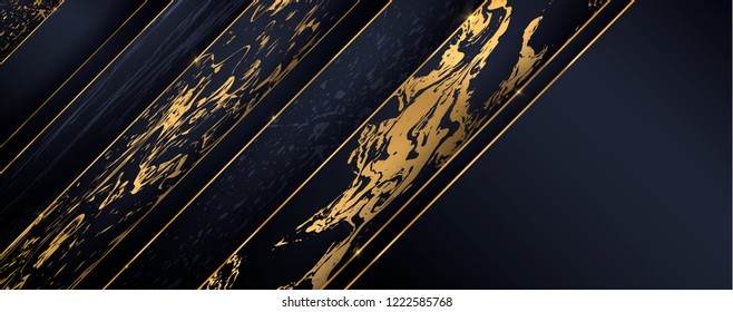 Luxury paper cut background, Abstract  marble decoration, golden pattern, halftone gradients, 3d Vector illustration. Black and blue Cover template, geometric shapes, modern minimal banner.