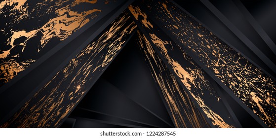 Luxury paper cut background, Abstract  marble decoration, golden pattern, halftone gradients, 3d Vector illustration. Black and gold Cover template, geometric shapes, modern minimal banner.