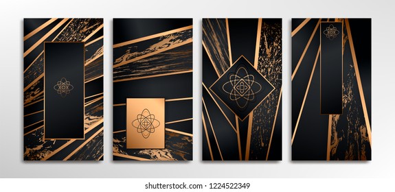 Luxury paper cut background, Abstract marble decoration, golden pattern, halftone gradients, Vector illustration. Black and gold Cover template, geometric shapes, modern minimal banner.