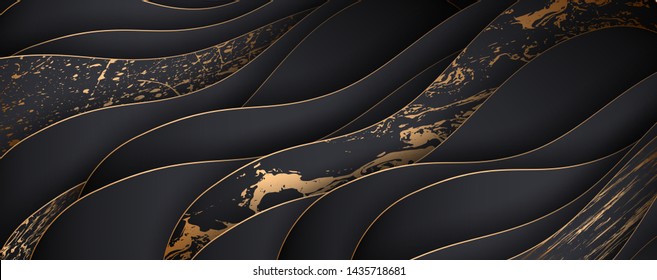 
Luxury paper cut background, Abstract decoration, golden pattern, halftone gradients, 3d Vector illustration. Black, white, blue, gold waves Cover template, geometric shapes, modern minimal banner.