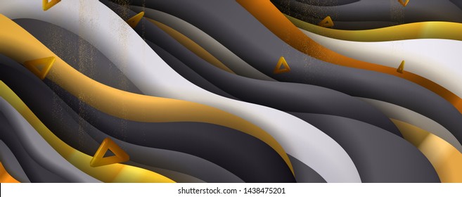 Luxury paper cut background, Abstract decoration, golden pattern, halftone gradients, 3d Vector illustration. Black, white, blue, gold waves Cover template, geometric shapes, modern minimal banner. 