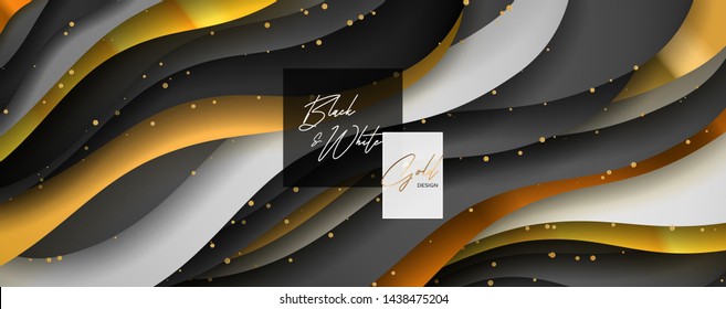Luxury paper cut background, Abstract decoration, golden pattern, halftone gradients, 3d Vector illustration. Black, white, blue, gold waves Cover template, geometric shapes, modern minimal banner. 