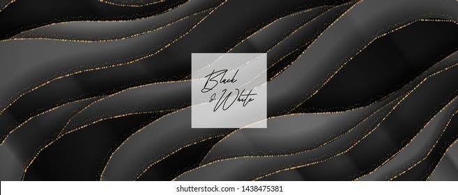 Fondo de corte de papel de lujo, Decoración abstracta, patrón dorado, gradientes de medio tono, ilustración 3d Vector. Color negro, blanco, azul, dorado Tapa de ondas, formas geométricas, banner moderno mínimo. 